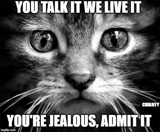 Talk it | YOU TALK IT WE LIVE IT; CHIANTY; YOU'RE JEALOUS, ADMIT IT | image tagged in jealous | made w/ Imgflip meme maker