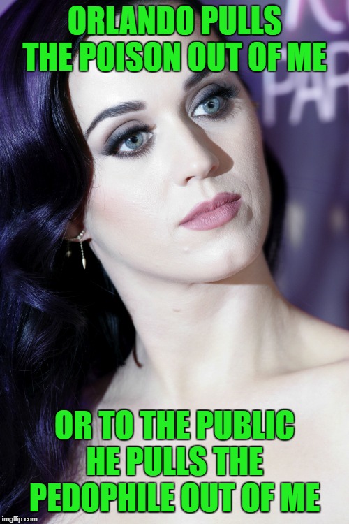 Disturbed Katy Perry | ORLANDO PULLS THE POISON OUT OF ME; OR TO THE PUBLIC HE PULLS THE PEDOPHILE OUT OF ME | image tagged in disturbed katy perry | made w/ Imgflip meme maker
