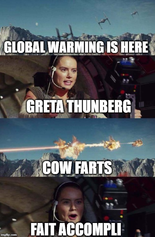 Triggerhappy Rey | GLOBAL WARMING IS HERE; GRETA THUNBERG; COW FARTS; FAIT ACCOMPLI | image tagged in triggerhappy rey,greta thunberg,climate change,global warming,methane,cow farts | made w/ Imgflip meme maker