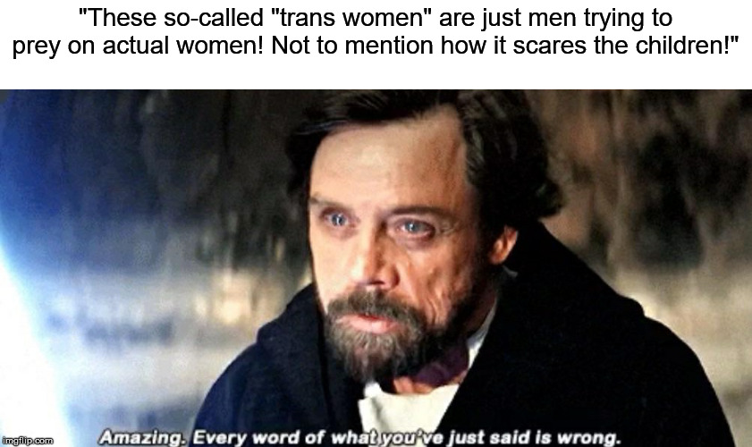 Amazing. Every word of what you just said is wrong. | "These so-called "trans women" are just men trying to prey on actual women! Not to mention how it scares the children!" | image tagged in amazing every word of what you just said is wrong | made w/ Imgflip meme maker