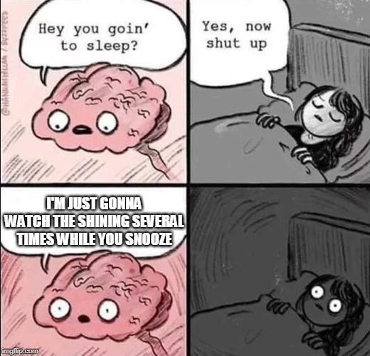waking up brain | I'M JUST GONNA WATCH THE SHINING SEVERAL TIMES WHILE YOU SNOOZE | image tagged in waking up brain | made w/ Imgflip meme maker