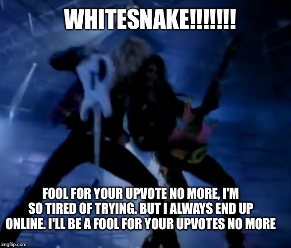Meme rock lyrics: A DrSarcasm event Jan 3-10 | WHITESNAKE!!!!!!! FOOL FOR YOUR UPVOTE NO MORE, I'M SO TIRED OF TRYING. BUT I ALWAYS END UP ONLINE. I'LL BE A FOOL FOR YOUR UPVOTES NO MORE | image tagged in fool for your lovin | made w/ Imgflip meme maker