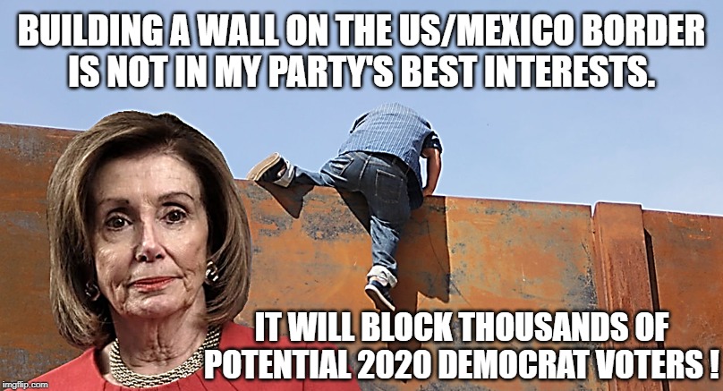 Nancy Pelosi at the Southern Border Wall | BUILDING A WALL ON THE US/MEXICO BORDER
IS NOT IN MY PARTY'S BEST INTERESTS. IT WILL BLOCK THOUSANDS OF POTENTIAL 2020 DEMOCRAT VOTERS ! | image tagged in nancy pelosi at the southern border wall | made w/ Imgflip meme maker