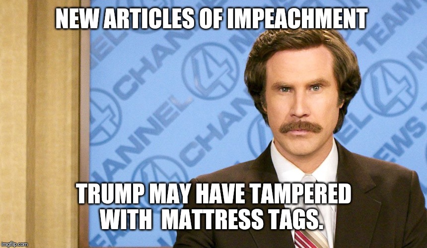 Ron Burgundy with space | NEW ARTICLES OF IMPEACHMENT; TRUMP MAY HAVE TAMPERED WITH  MATTRESS TAGS. | image tagged in ron burgundy with space | made w/ Imgflip meme maker