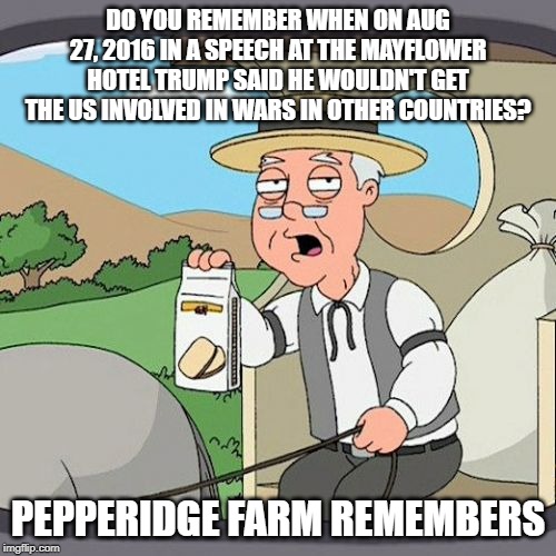 Do you remember? | DO YOU REMEMBER WHEN ON AUG 27, 2016 IN A SPEECH AT THE MAYFLOWER HOTEL TRUMP SAID HE WOULDN'T GET THE US INVOLVED IN WARS IN OTHER COUNTRIES? PEPPERIDGE FARM REMEMBERS | image tagged in memes,pepperidge farm remembers,impeach trump,conservative hypocrisy,stupid conservatives | made w/ Imgflip meme maker
