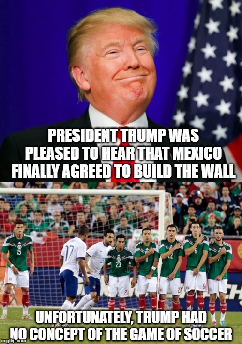 The Mexican Wall | PRESIDENT TRUMP WAS PLEASED TO HEAR THAT MEXICO FINALLY AGREED TO BUILD THE WALL; UNFORTUNATELY, TRUMP HAD NO CONCEPT OF THE GAME OF SOCCER | image tagged in trump smile | made w/ Imgflip meme maker