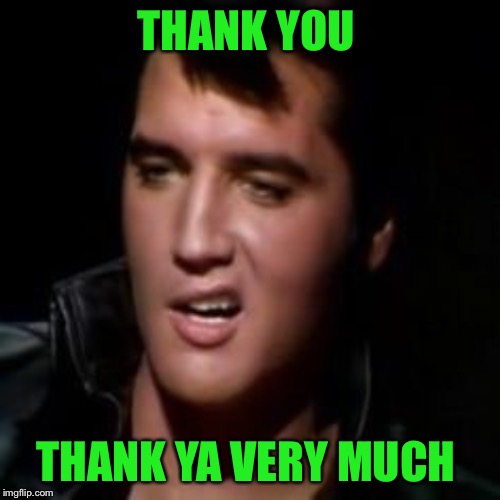 Elvis, thank you | THANK YOU THANK YA VERY MUCH | image tagged in elvis thank you | made w/ Imgflip meme maker