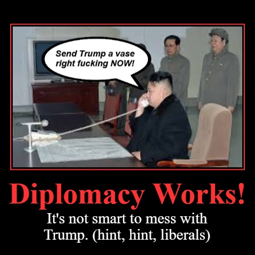 Diplomacy Works! | image tagged in funny,demotivationals,don't mess with trump,diplomacy,send trump a vase,gunbarrel diplomacy | made w/ Imgflip demotivational maker