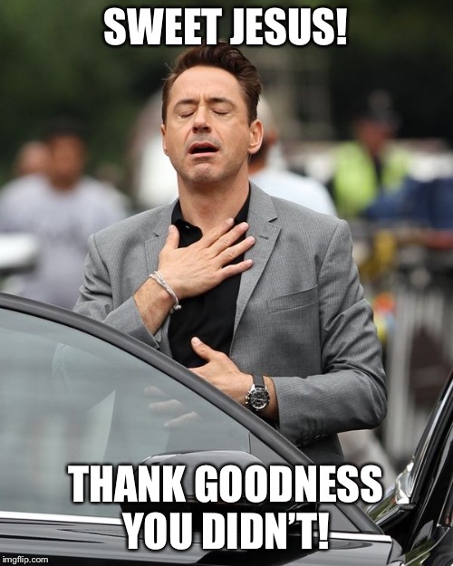 Robert Downey Jr | SWEET JESUS! THANK GOODNESS YOU DIDN’T! | image tagged in robert downey jr | made w/ Imgflip meme maker