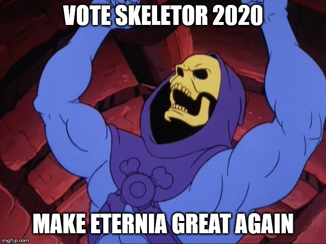 Skeletor | VOTE SKELETOR 2020; MAKE ETERNIA GREAT AGAIN | image tagged in skeletor | made w/ Imgflip meme maker
