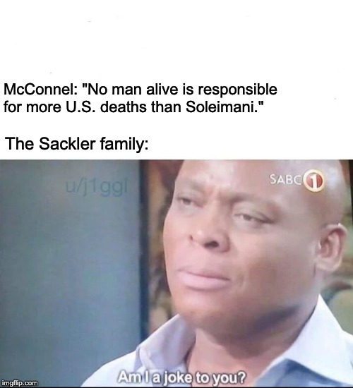 am I a joke to you | McConnel: "No man alive is responsible for more U.S. deaths than Soleimani."; The Sackler family: | image tagged in am i a joke to you,opioid crisis,iran,mitch mcconnell | made w/ Imgflip meme maker