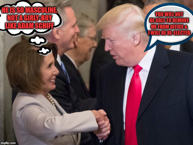 trump pelosi | YOU WILL NOT BE ABLE TO REMOVE ME FROM OFFICE & I WILL BE RE-ELECTED; HE IS SO MASCULINE, NOT A GIRLY-BOY LIKE ADAM SCHIFF | image tagged in trump pelosi | made w/ Imgflip meme maker