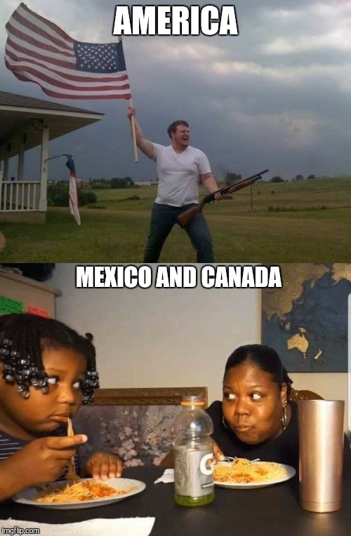 AMERICA; MEXICO AND CANADA | image tagged in american flag shotgun guy | made w/ Imgflip meme maker