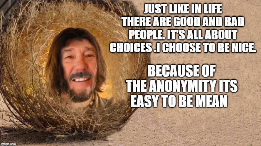 JUST LIKE IN LIFE THERE ARE GOOD AND BAD PEOPLE. IT'S ALL ABOUT CHOICES .I CHOOSE TO BE NICE. BECAUSE OF THE ANONYMITY ITS EASY TO BE MEAN | image tagged in kewlnu reeves | made w/ Imgflip meme maker