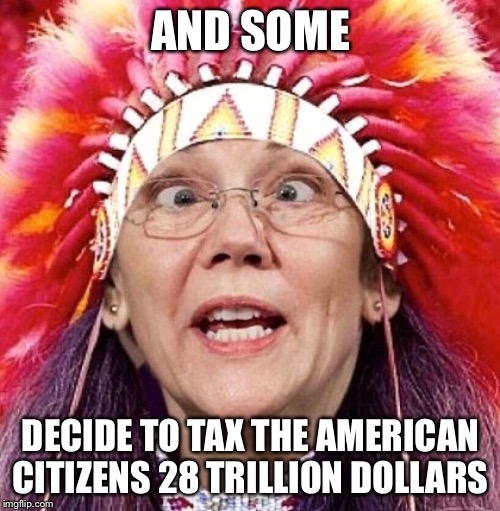 AND SOME DECIDE TO TAX THE AMERICAN CITIZENS 28 TRILLION DOLLARS | image tagged in elizabeth warren | made w/ Imgflip meme maker