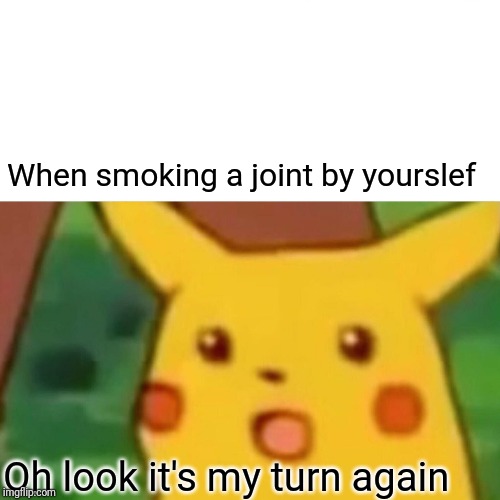 Surprised Pikachu Meme | When smoking a joint by yourslef; Oh look it's my turn again | image tagged in memes,surprised pikachu | made w/ Imgflip meme maker