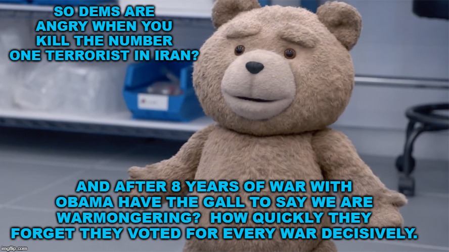 Ted Question | SO DEMS ARE ANGRY WHEN YOU KILL THE NUMBER ONE TERRORIST IN IRAN? AND AFTER 8 YEARS OF WAR WITH OBAMA HAVE THE GALL TO SAY WE ARE WARMONGERING?  HOW QUICKLY THEY FORGET THEY VOTED FOR EVERY WAR DECISIVELY. | image tagged in ted question | made w/ Imgflip meme maker