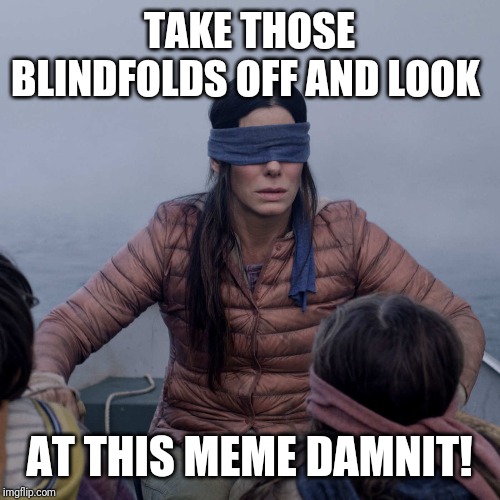 Bird Box | TAKE THOSE BLINDFOLDS OFF AND LOOK; AT THIS MEME DAMNIT! | image tagged in memes,bird box,fun,how rude | made w/ Imgflip meme maker