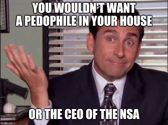 Michael Scott | YOU WOULDN'T WANT A PEDOPHILE IN YOUR HOUSE OR THE CEO OF THE NSA | image tagged in michael scott | made w/ Imgflip meme maker