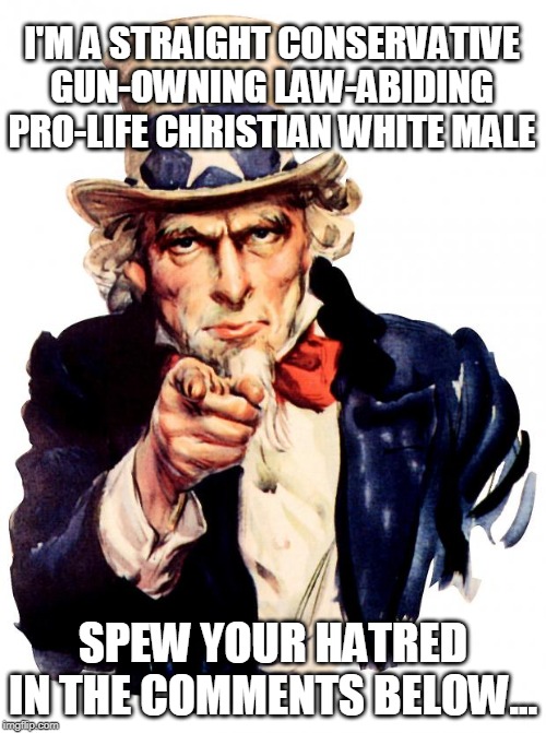 I Can't Help It, I Was Born This Way |  I'M A STRAIGHT CONSERVATIVE GUN-OWNING LAW-ABIDING PRO-LIFE CHRISTIAN WHITE MALE; SPEW YOUR HATRED IN THE COMMENTS BELOW... | image tagged in conservative,pro-life,white male,christian,spew,hatred | made w/ Imgflip meme maker