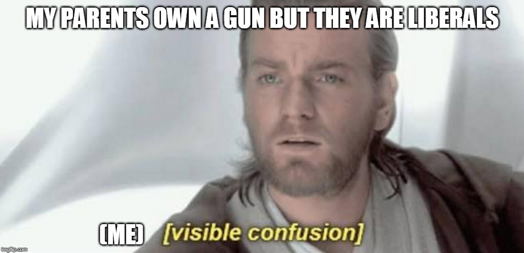 Visible Confusion | MY PARENTS OWN A GUN BUT THEY ARE LIBERALS; (ME) | image tagged in visible confusion | made w/ Imgflip meme maker