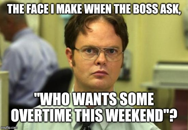 Dwight Schrute Meme | THE FACE I MAKE WHEN THE BOSS ASK, "WHO WANTS SOME OVERTIME THIS WEEKEND"? | image tagged in memes,dwight schrute,overtime,nope | made w/ Imgflip meme maker