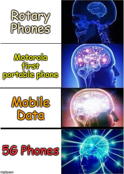 Expanding Brain | Rotary Phones; Motorola first portable phone; Mobile Data; 5G Phones | image tagged in memes,expanding brain | made w/ Imgflip meme maker