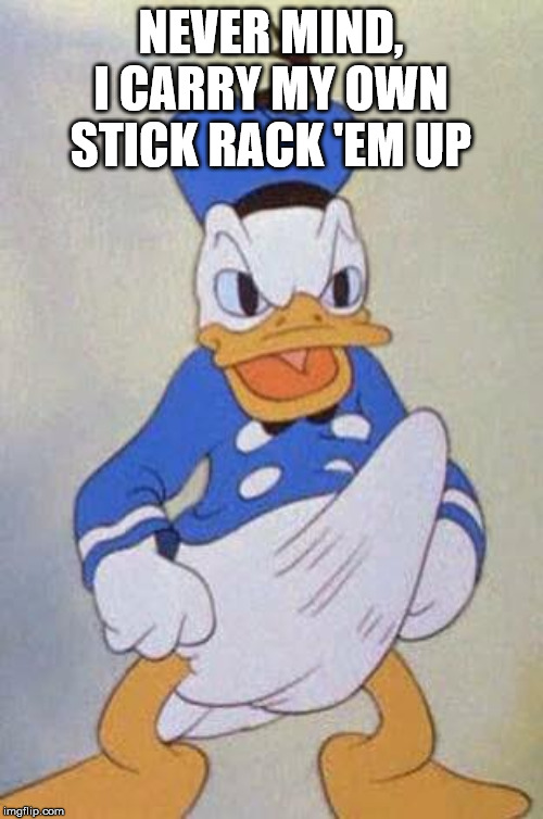 Horny Donald Duck | NEVER MIND, I CARRY MY OWN STICK RACK 'EM UP | image tagged in horny donald duck | made w/ Imgflip meme maker