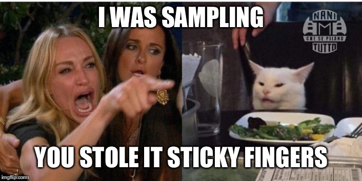 white cat table | I WAS SAMPLING; YOU STOLE IT STICKY FINGERS | image tagged in white cat table | made w/ Imgflip meme maker