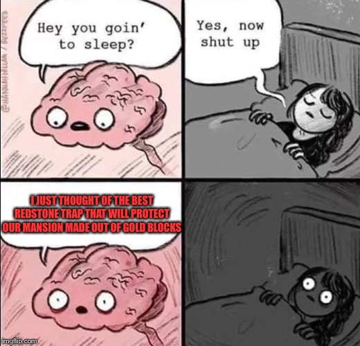 waking up brain | I JUST THOUGHT OF THE BEST REDSTONE TRAP THAT WILL PROTECT OUR MANSION MADE OUT OF GOLD BLOCKS | image tagged in waking up brain | made w/ Imgflip meme maker