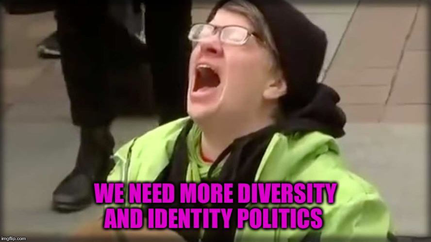 Trump SJW No | WE NEED MORE DIVERSITY AND IDENTITY POLITICS | image tagged in trump sjw no | made w/ Imgflip meme maker