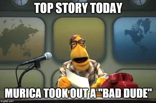 Muppet News Flash | TOP STORY TODAY MURICA TOOK OUT A "BAD DUDE" | image tagged in muppet news flash | made w/ Imgflip meme maker