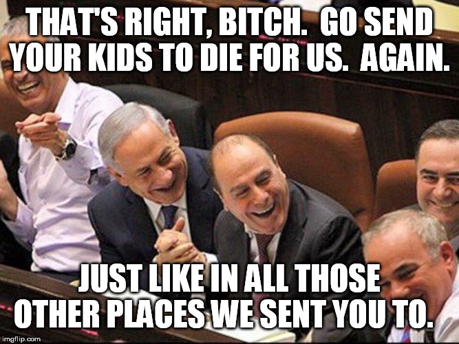 Not fooled. They even said pre-9/11 we'd get sent against their "enemies": Afghanistan, Iraq, Libya, Syria, Iran, et al. No more | THAT'S RIGHT, B**CH.  GO SEND YOUR KIDS TO DIE FOR US.  AGAIN. JUST LIKE IN ALL THOSE OTHER PLACES WE SENT YOU TO. | image tagged in bibi,israel,iran,war,stooge,puppet | made w/ Imgflip meme maker