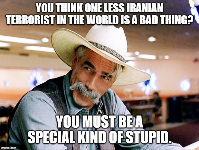 Sam Elliott | YOU THINK ONE LESS IRANIAN TERRORIST IN THE WORLD IS A BAD THING? YOU MUST BE A SPECIAL KIND OF STUPID. | image tagged in sam elliott | made w/ Imgflip meme maker