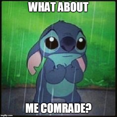 Stitch in the rain | WHAT ABOUT ME COMRADE? | image tagged in stitch in the rain | made w/ Imgflip meme maker
