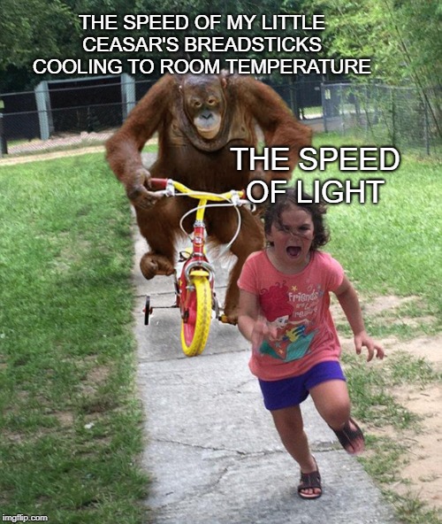 Orangutan chasing girl on a tricycle | THE SPEED OF MY LITTLE CEASAR'S BREADSTICKS COOLING TO ROOM TEMPERATURE; THE SPEED OF LIGHT | image tagged in orangutan chasing girl on a tricycle,memes,little ceasars,pizza | made w/ Imgflip meme maker