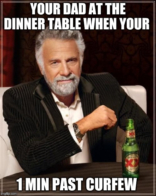 The Most Interesting Man In The World Meme | YOUR DAD AT THE DINNER TABLE WHEN YOUR; 1 MIN PAST CURFEW | image tagged in memes,the most interesting man in the world | made w/ Imgflip meme maker