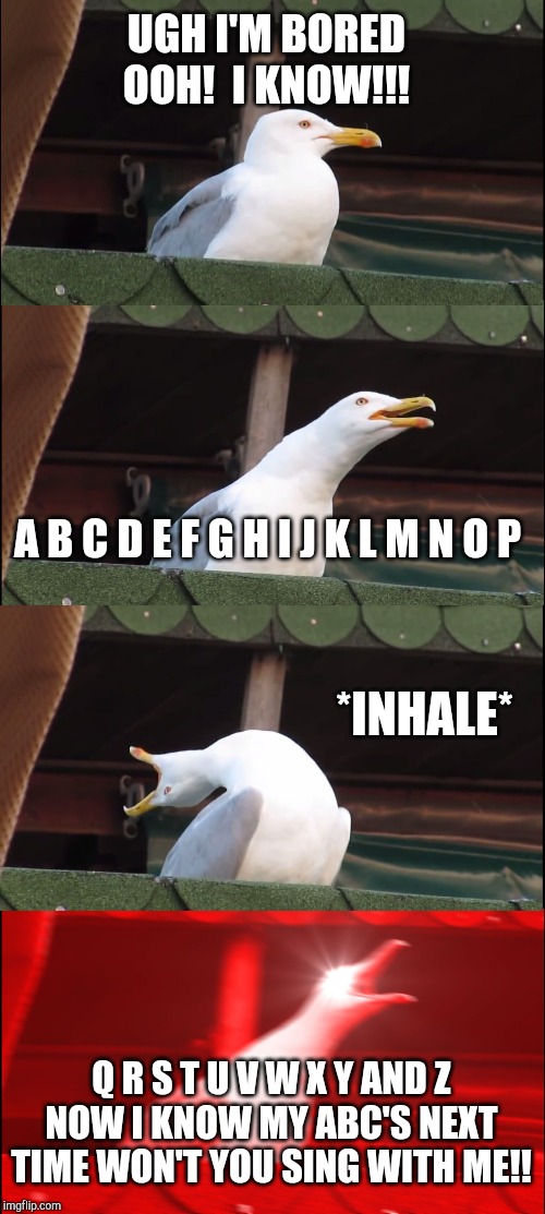 Inhaling Seagull | UGH I'M BORED
OOH!  I KNOW!!! A B C D E F G H I J K L M N O P; *INHALE*; Q R S T U V W X Y AND Z
NOW I KNOW MY ABC'S NEXT TIME WON'T YOU SING WITH ME!! | image tagged in memes,inhaling seagull | made w/ Imgflip meme maker