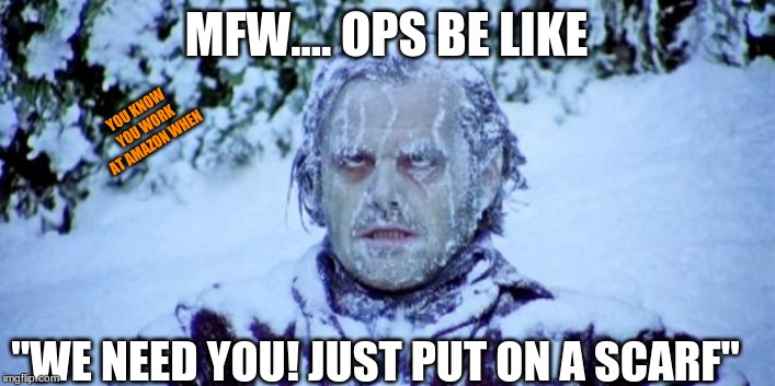 The Shining winter | MFW.... OPS BE LIKE; YOU KNOW YOU WORK AT AMAZON WHEN; "WE NEED YOU! JUST PUT ON A SCARF" | image tagged in the shining winter | made w/ Imgflip meme maker