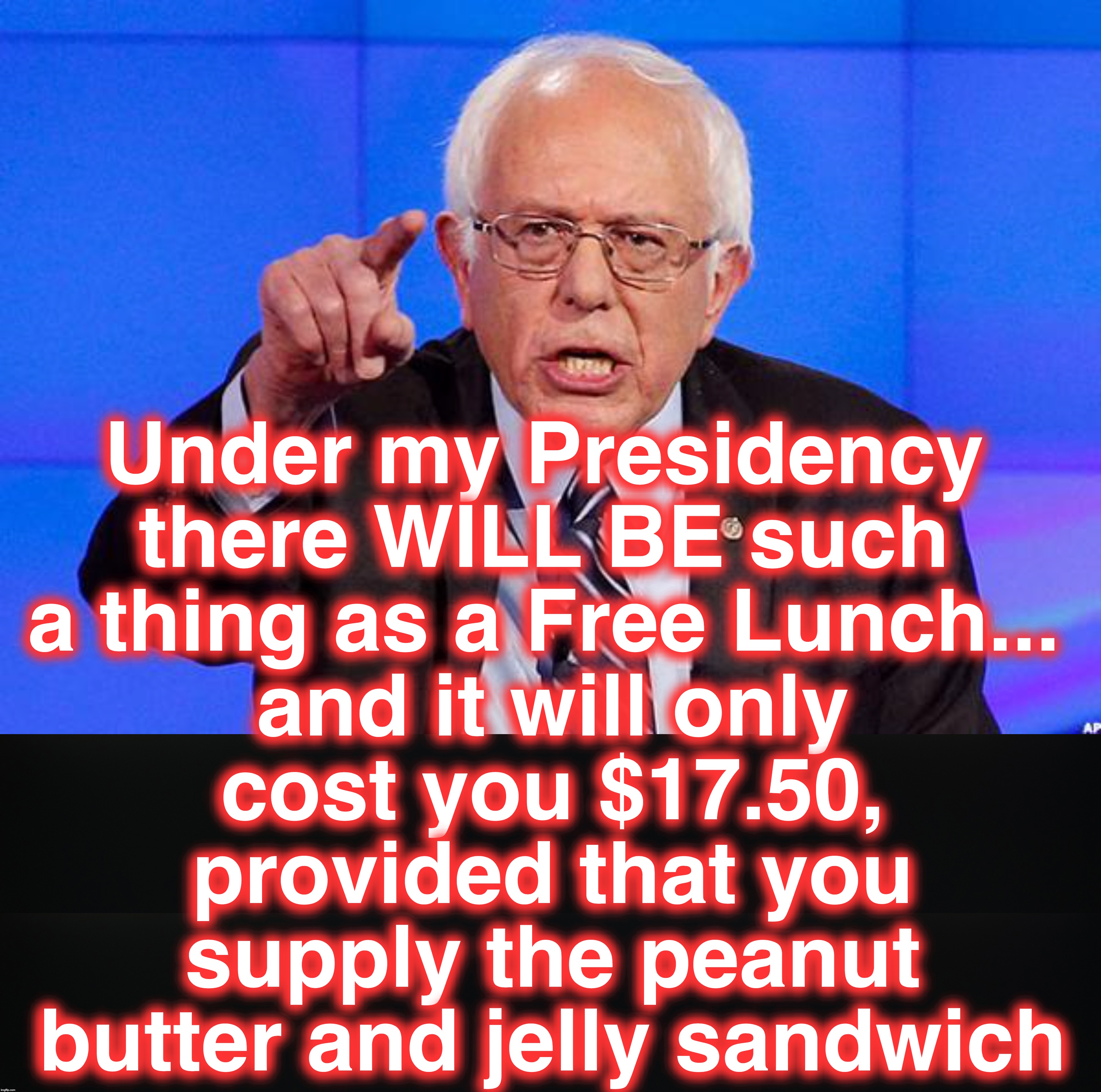 Bernie-nomics | and it will only cost you $17.50, provided that you supply the peanut butter and jelly sandwich; Under my Presidency there WILL BE such a thing as a Free Lunch... | image tagged in bernie sanders | made w/ Imgflip meme maker