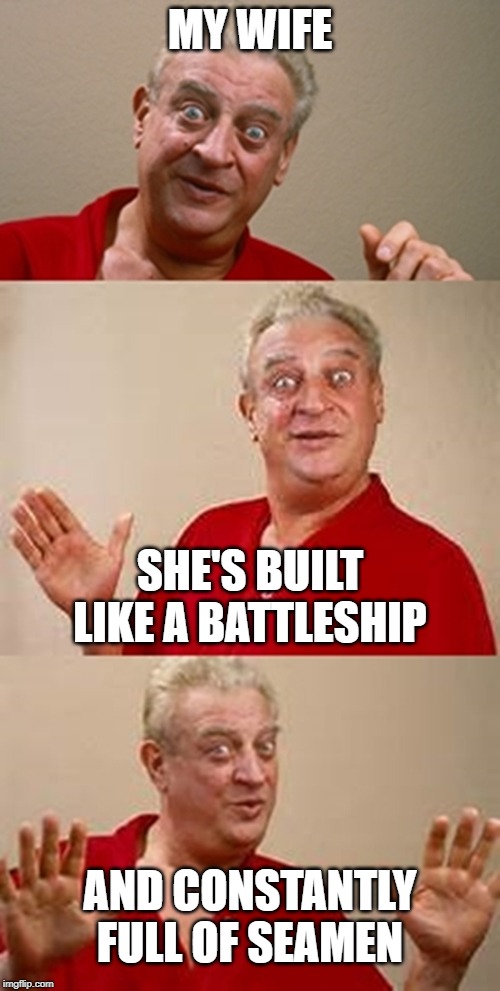 It's the kind of joke he would tell honestly. | MY WIFE; SHE'S BUILT LIKE A BATTLESHIP; AND CONSTANTLY FULL OF SEAMEN | image tagged in bad pun dangerfield,memes,battlship,wife,seamen | made w/ Imgflip meme maker