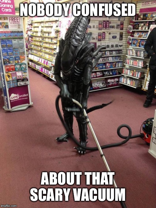 Vacuuming Alien | NOBODY CONFUSED ABOUT THAT SCARY VACUUM | image tagged in vacuuming alien | made w/ Imgflip meme maker