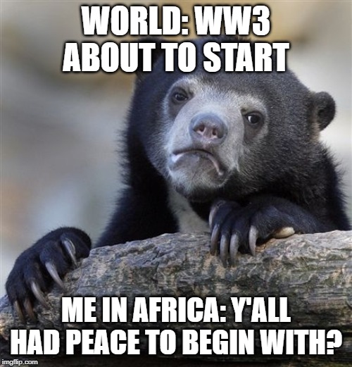 Confession Bear Meme | WORLD: WW3 ABOUT TO START; ME IN AFRICA: Y'ALL HAD PEACE TO BEGIN WITH? | image tagged in memes,confession bear | made w/ Imgflip meme maker