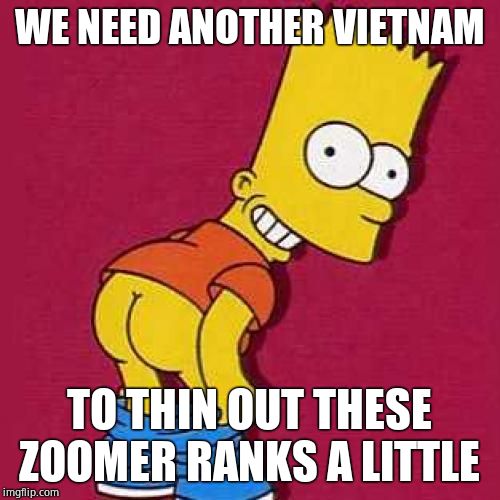 Bart Simpson Mooning | WE NEED ANOTHER VIETNAM TO THIN OUT THESE ZOOMER RANKS A LITTLE | image tagged in bart simpson mooning | made w/ Imgflip meme maker