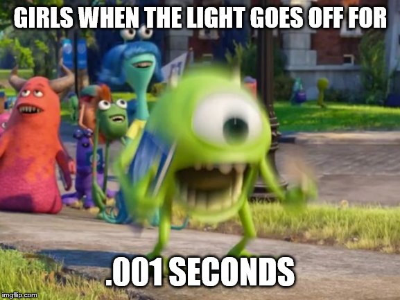 Screaming Mike Wazowski | GIRLS WHEN THE LIGHT GOES OFF FOR; .001 SECONDS | image tagged in screaming mike wazowski | made w/ Imgflip meme maker