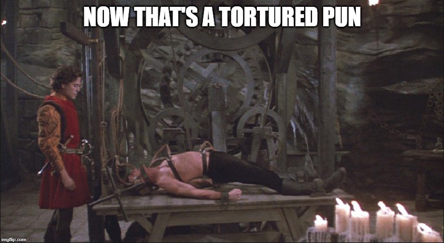 Princess Bride Torture | NOW THAT'S A TORTURED PUN | image tagged in princess bride torture | made w/ Imgflip meme maker