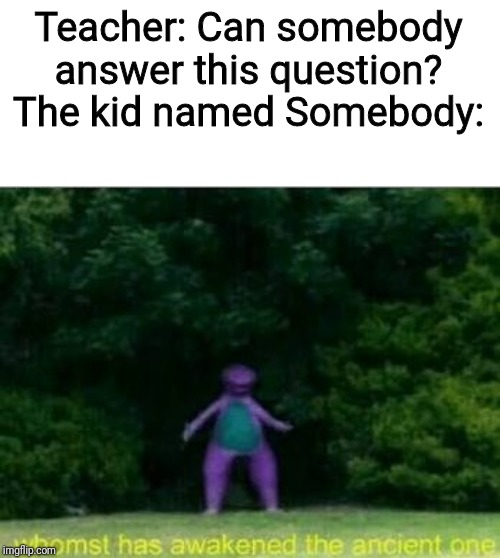 Somebody has been summoned | Teacher: Can somebody answer this question?
The kid named Somebody: | image tagged in whomst has awakened the ancient one,school,somebody,question | made w/ Imgflip meme maker