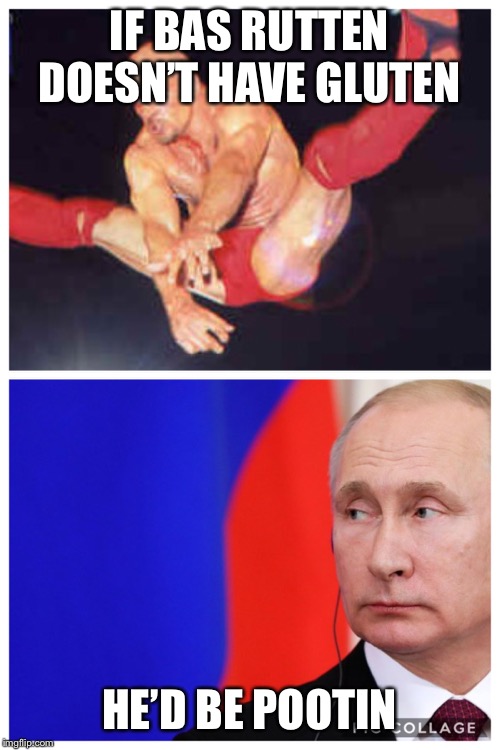 Bad rutten Putin mma | IF BAS RUTTEN DOESN’T HAVE GLUTEN; HE’D BE POOTIN | image tagged in fighting,jumping,vladimir putin,ufc,gluten free,martial arts | made w/ Imgflip meme maker