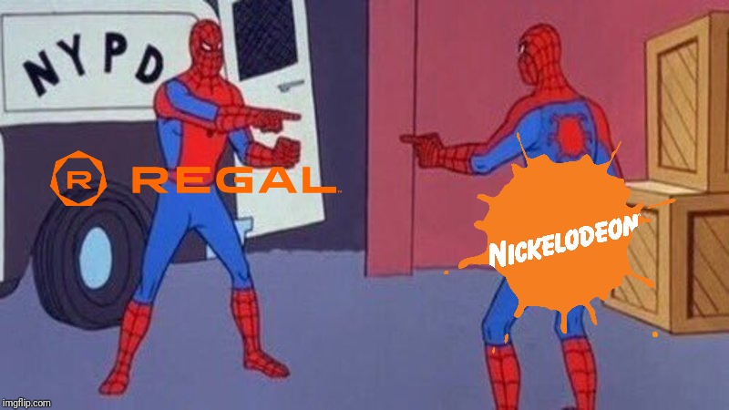 Theres already an orange one logo. WHY ANOTHER?! | image tagged in spiderman pointing at spiderman,nickelodeon,regal cinemas,regal,memes | made w/ Imgflip meme maker