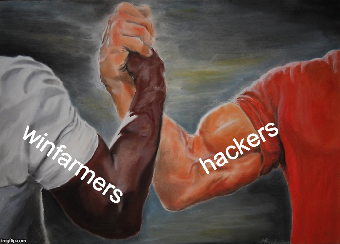 Epic Handshake Meme | hackers; winfarmers | image tagged in memes,epic handshake | made w/ Imgflip meme maker